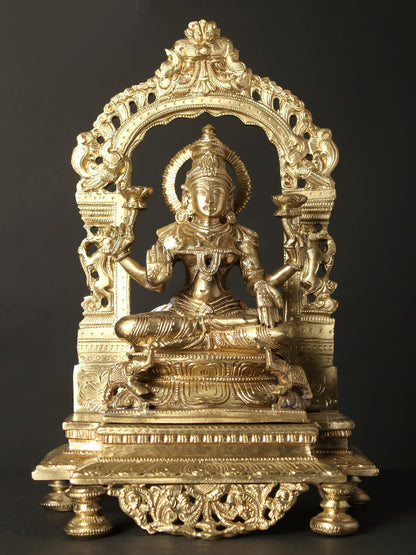 13" Seated Lakshmi, Ganesha And Saraswati On Kirtimukha Throne | Decorative Hoysala Bronze Idol | Figurine For Gifting | Bronze Statue For Temple