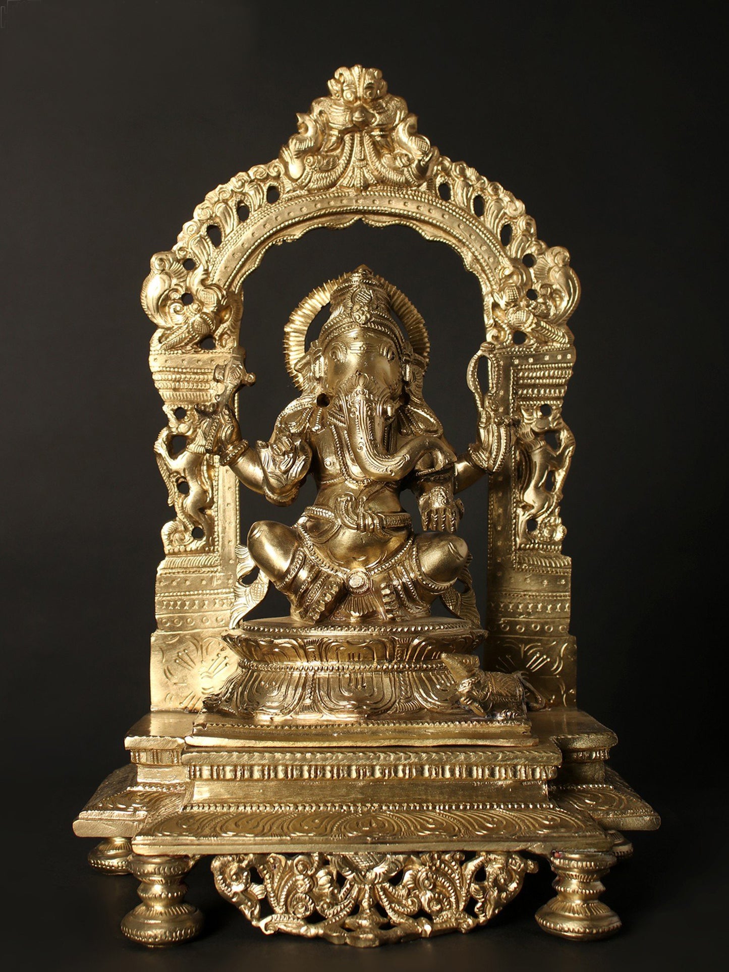 13" Seated Lakshmi, Ganesha And Saraswati On Kirtimukha Throne | Decorative Hoysala Bronze Idol | Figurine For Gifting | Bronze Statue For Temple