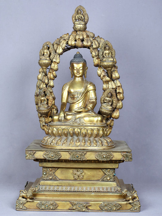 23" Shakyamuni Buddha Seated On Throne With Pancha Buddha | Handmade | Copper Statue Gilded With Gold