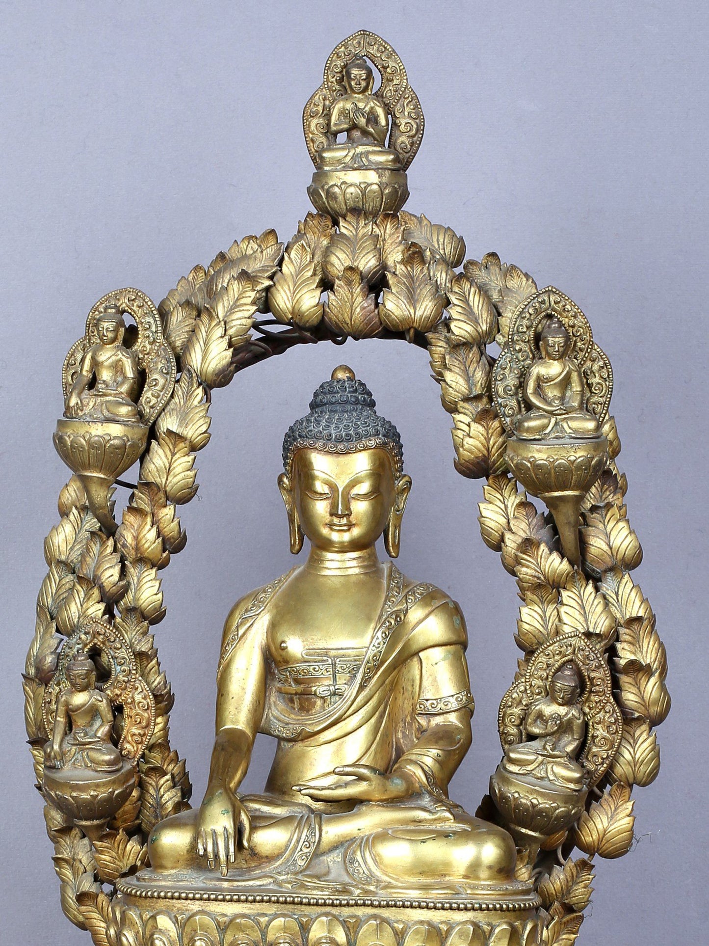 23" Shakyamuni Buddha Seated On Throne With Pancha Buddha | Handmade | Copper Statue Gilded With Gold