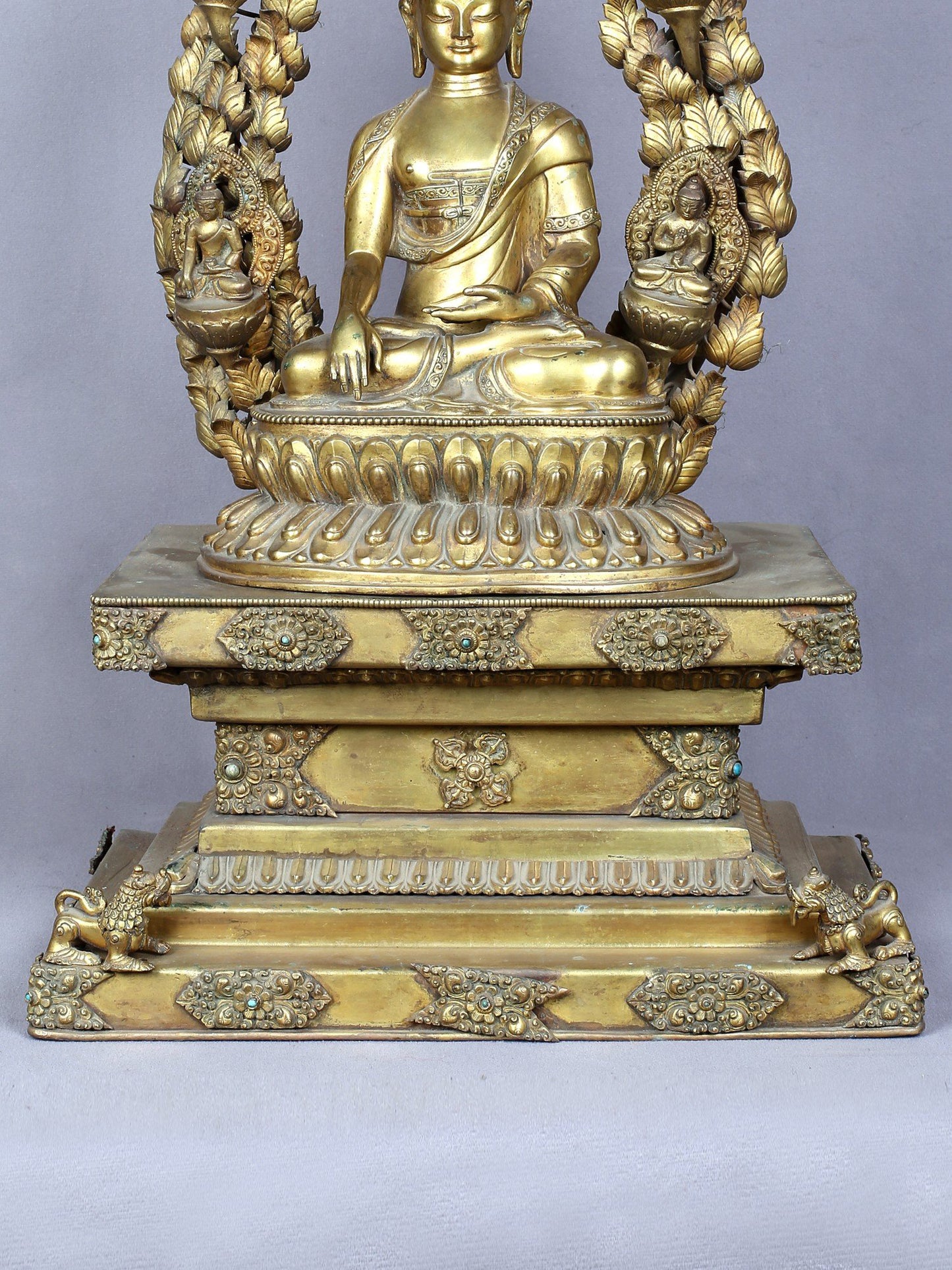 23" Shakyamuni Buddha Seated On Throne With Pancha Buddha | Handmade | Copper Statue Gilded With Gold