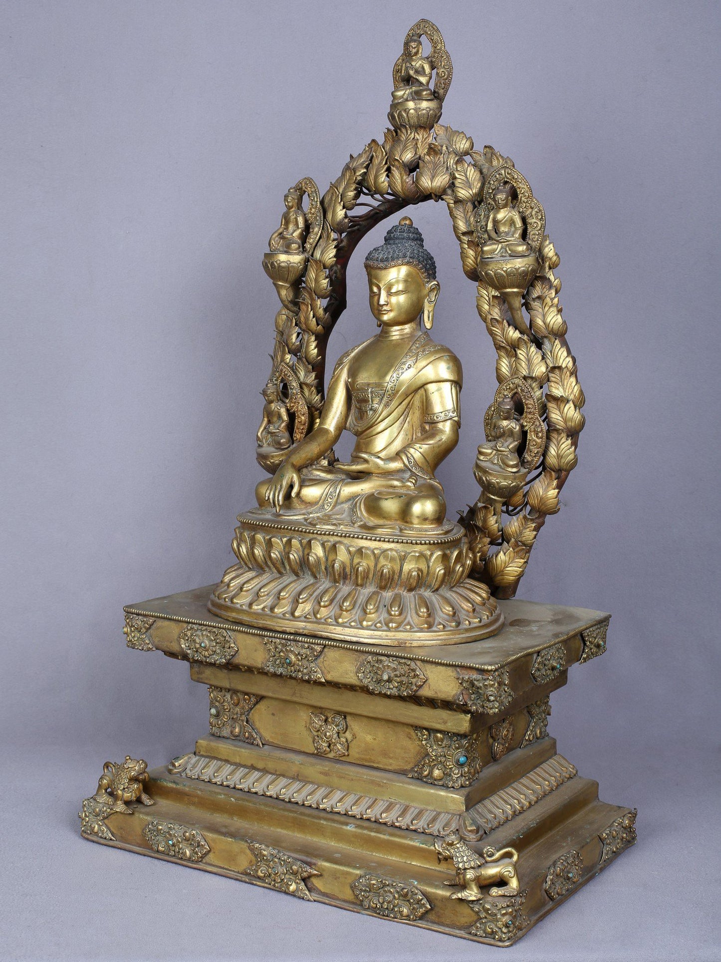 23" Shakyamuni Buddha Seated On Throne With Pancha Buddha | Handmade | Copper Statue Gilded With Gold