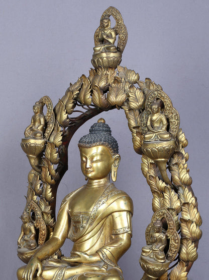 23" Shakyamuni Buddha Seated On Throne With Pancha Buddha | Handmade | Copper Statue Gilded With Gold