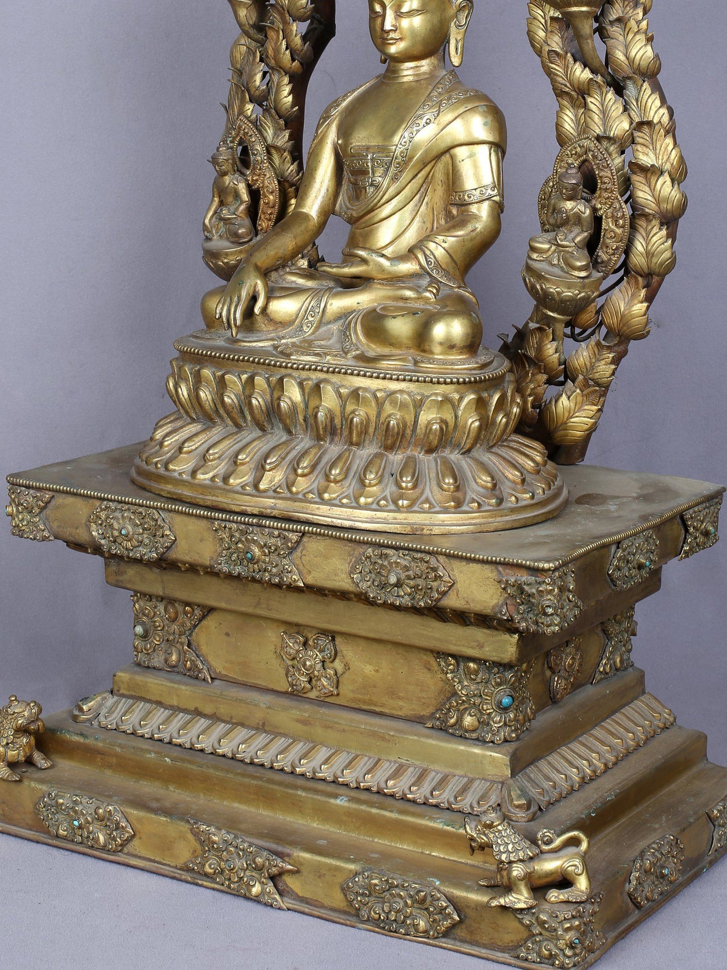 23" Shakyamuni Buddha Seated On Throne With Pancha Buddha | Handmade | Copper Statue Gilded With Gold