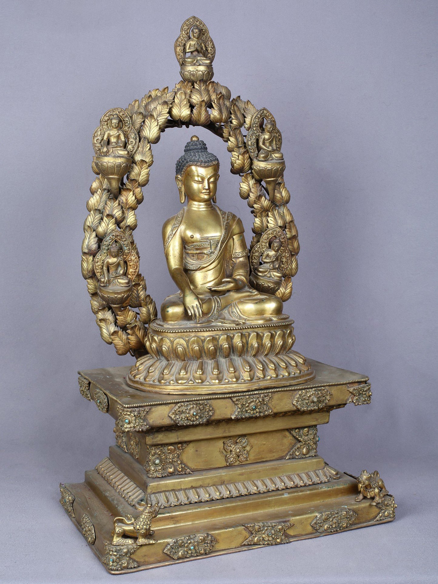 23" Shakyamuni Buddha Seated On Throne With Pancha Buddha | Handmade | Copper Statue Gilded With Gold