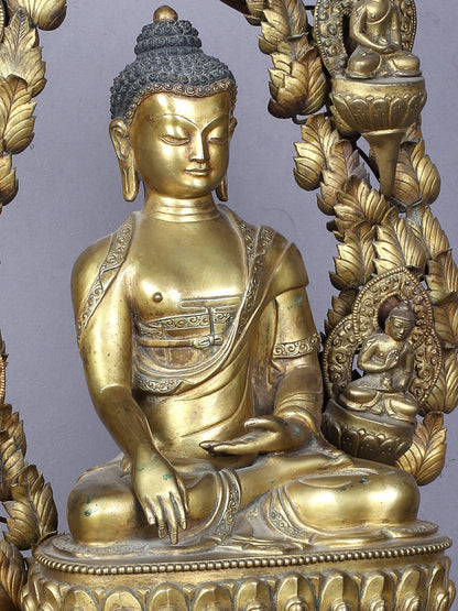 23" Shakyamuni Buddha Seated On Throne With Pancha Buddha | Handmade | Copper Statue Gilded With Gold