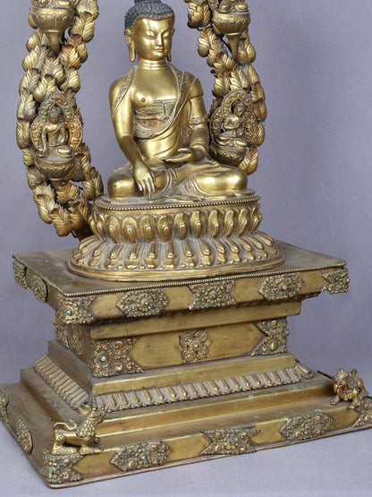 23" Shakyamuni Buddha Seated On Throne With Pancha Buddha | Handmade | Copper Statue Gilded With Gold