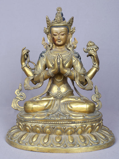 11" Four Armed Avalokiteshvara | Handmade Idol | Copper Statue Gilded with Gold | From Nepal