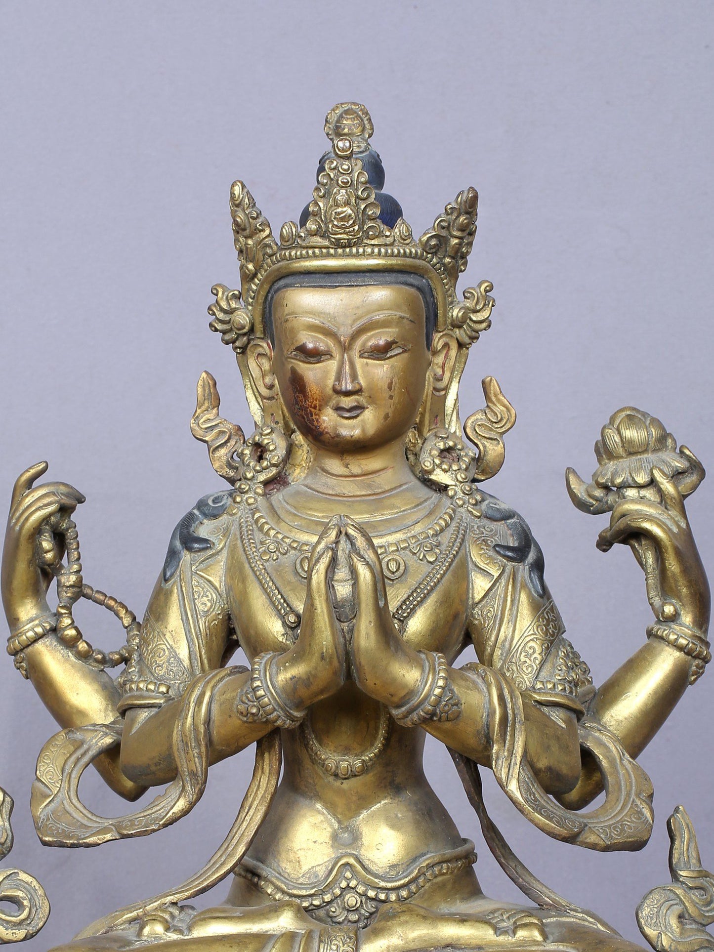 11" Four Armed Avalokiteshvara | Handmade Idol | Copper Statue Gilded with Gold | From Nepal