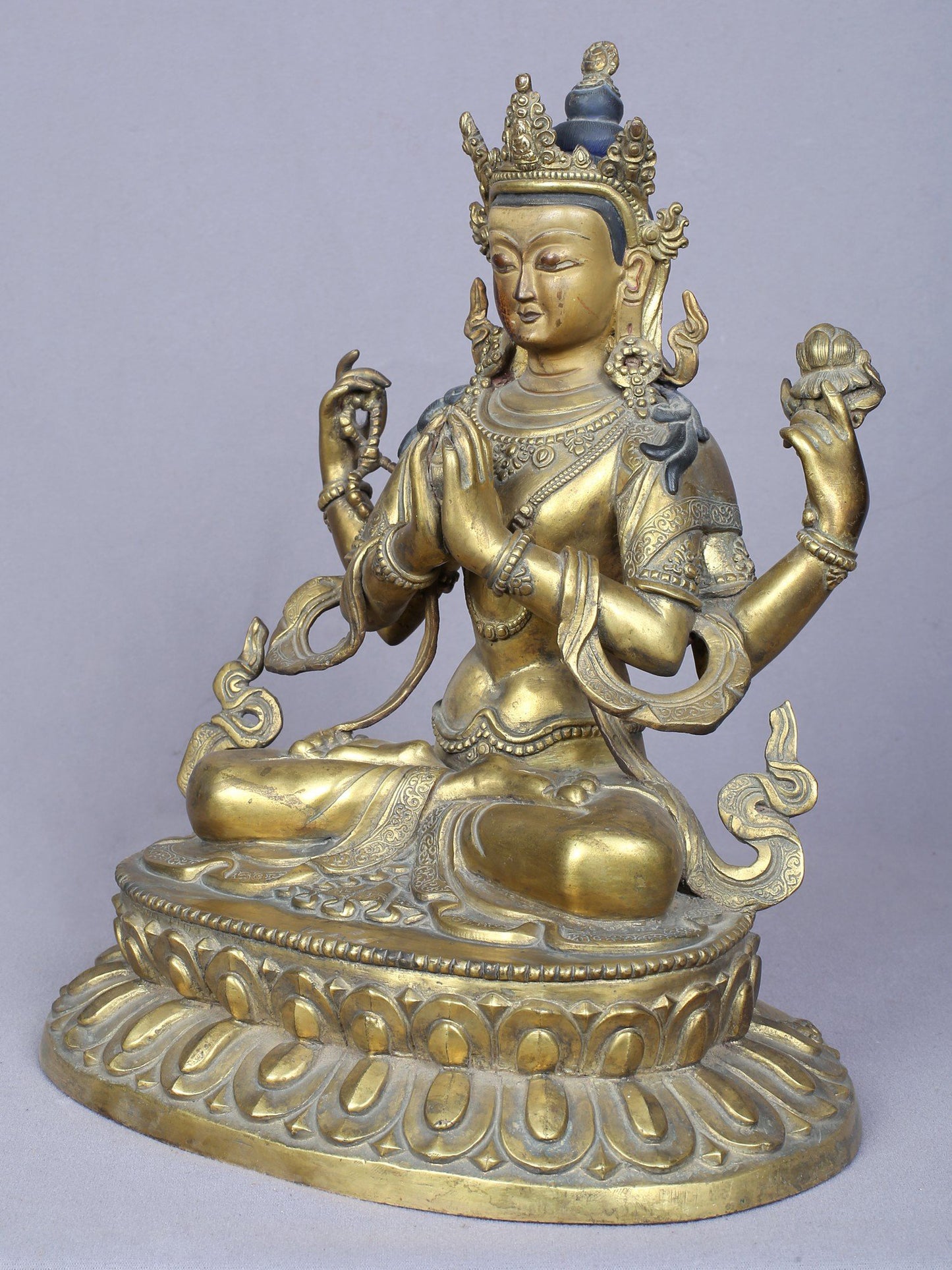 11" Four Armed Avalokiteshvara | Handmade Idol | Copper Statue Gilded with Gold | From Nepal