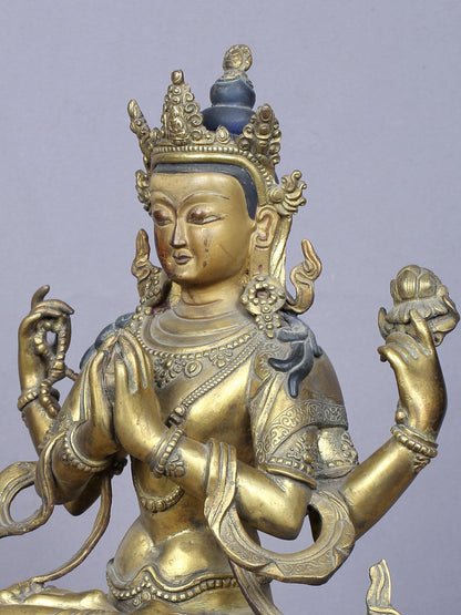 11" Four Armed Avalokiteshvara | Handmade Idol | Copper Statue Gilded with Gold | From Nepal