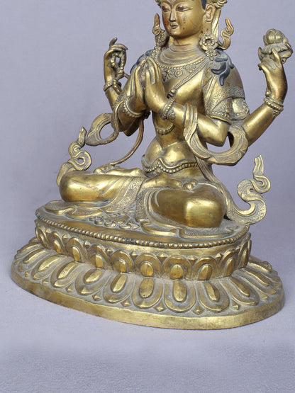 11" Four Armed Avalokiteshvara | Handmade Idol | Copper Statue Gilded with Gold | From Nepal