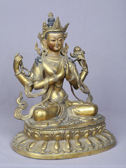 11" Four Armed Avalokiteshvara | Handmade Idol | Copper Statue Gilded with Gold | From Nepal