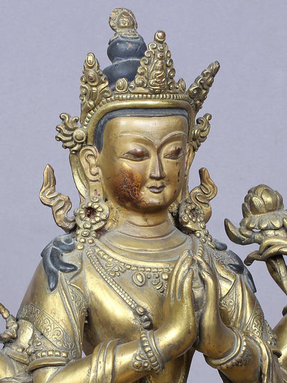 11" Four Armed Avalokiteshvara | Handmade Idol | Copper Statue Gilded with Gold | From Nepal