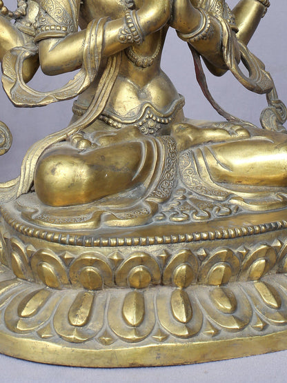 11" Four Armed Avalokiteshvara | Handmade Idol | Copper Statue Gilded with Gold | From Nepal