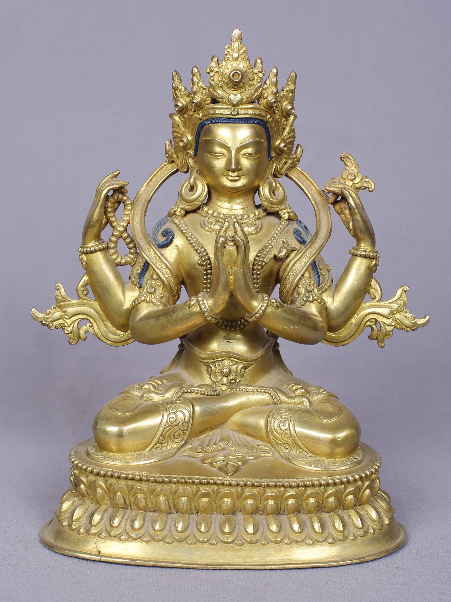 9" Chenrezig Copper Statue | Handmade Idol | Four Armed Avalokiteshvara | Idol From Nepal