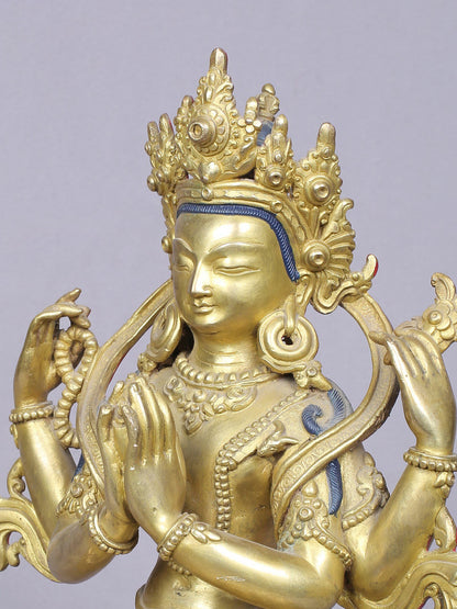 9" Chenrezig Copper Statue | Handmade Idol | Four Armed Avalokiteshvara | Idol From Nepal