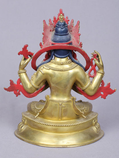 9" Chenrezig Copper Statue | Handmade Idol | Four Armed Avalokiteshvara | Idol From Nepal