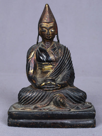 5" Small Buddhist Je Tsongkhapa Idol From Nepal | Handmade Idol | Copper Statue Gilded With Gold