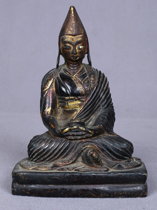 5" Small Buddhist Je Tsongkhapa Idol From Nepal | Handmade Idol | Copper Statue Gilded With Gold