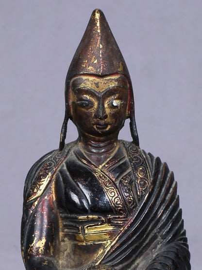 5" Small Buddhist Je Tsongkhapa Idol From Nepal | Handmade Idol | Copper Statue Gilded With Gold