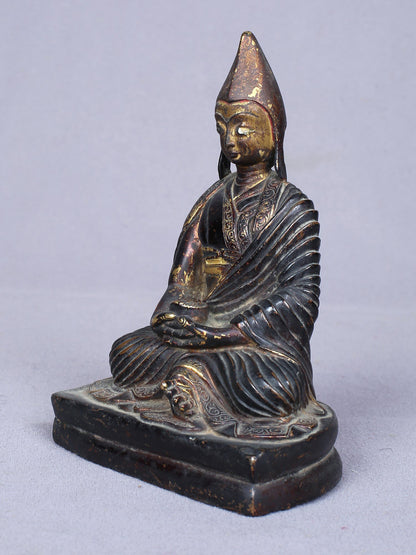 5" Small Buddhist Je Tsongkhapa Idol From Nepal | Handmade Idol | Copper Statue Gilded With Gold