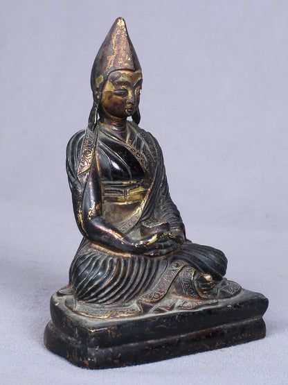 5" Small Buddhist Je Tsongkhapa Idol From Nepal | Handmade Idol | Copper Statue Gilded With Gold