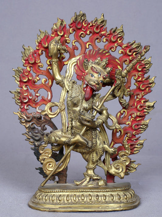 7" Buddhist Deity Simhamukha Yogini Idol From Nepal | Handmade Idol | Copper Statue Gilded With Gold