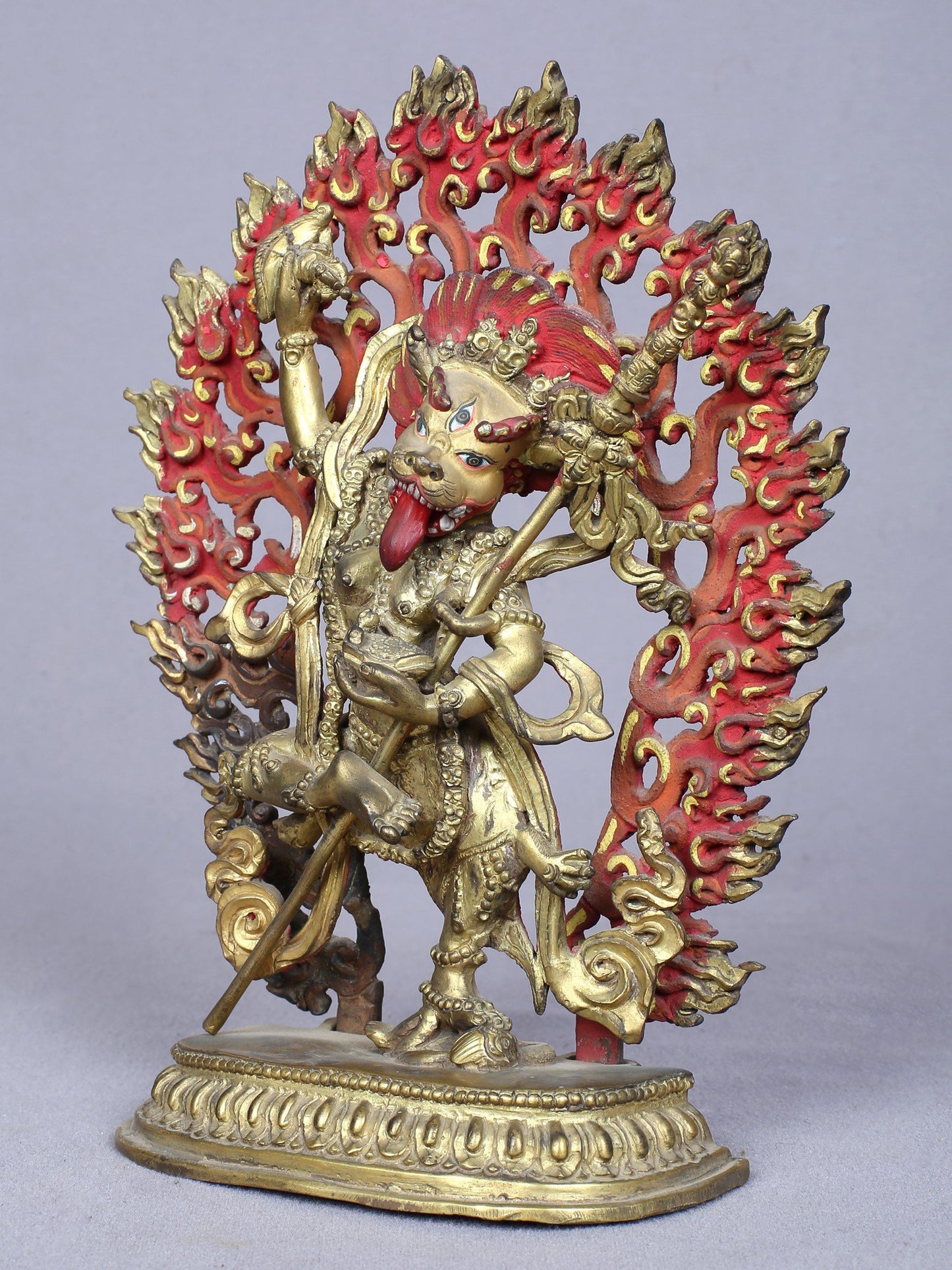 7" Buddhist Deity Simhamukha Yogini Idol From Nepal | Handmade Idol | Copper Statue Gilded With Gold