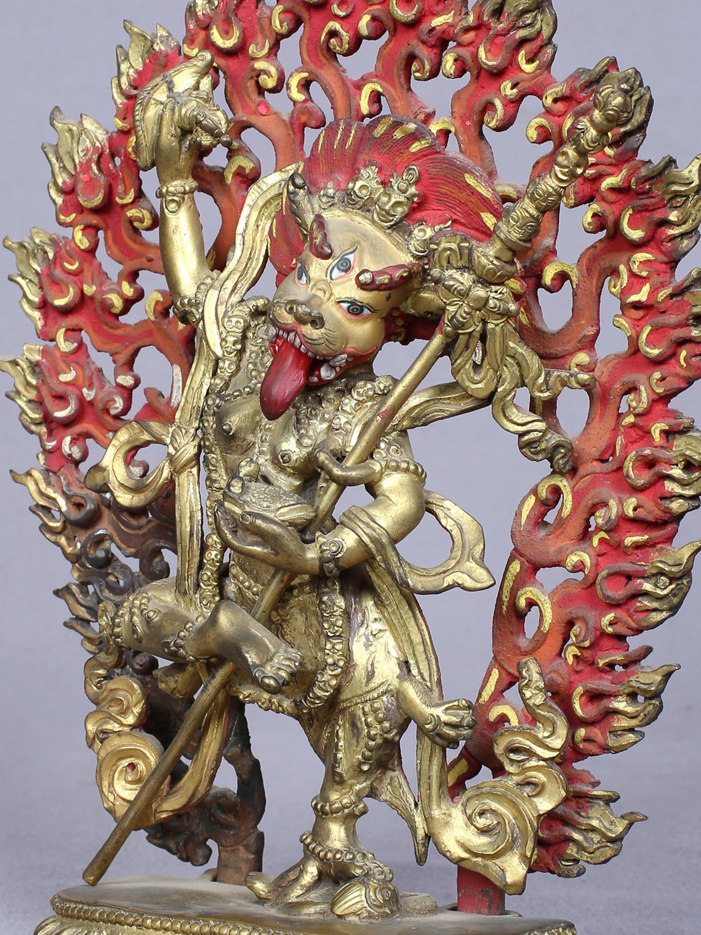 7" Buddhist Deity Simhamukha Yogini Idol From Nepal | Handmade Idol | Copper Statue Gilded With Gold