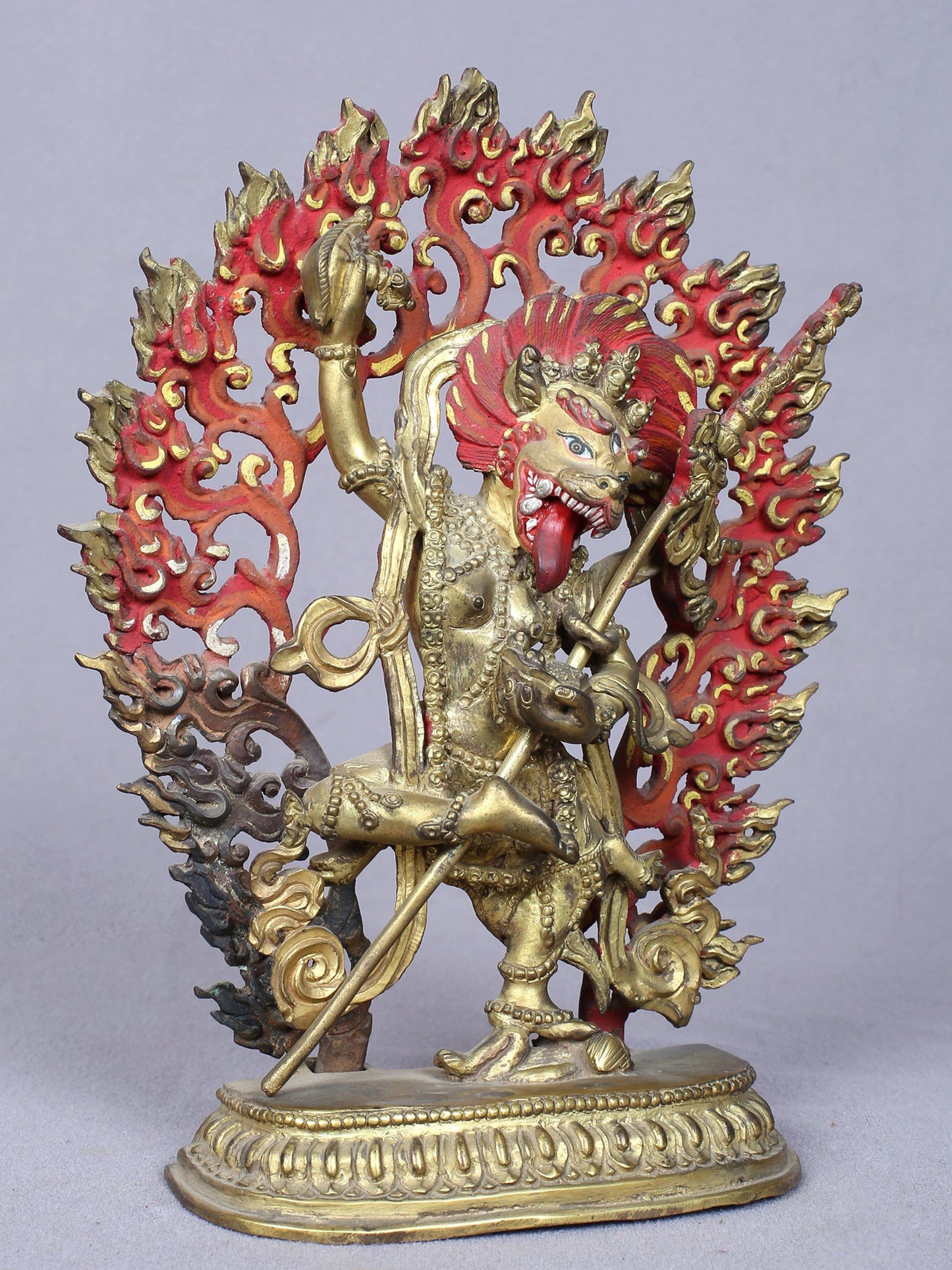 7" Buddhist Deity Simhamukha Yogini Idol From Nepal | Handmade Idol | Copper Statue Gilded With Gold