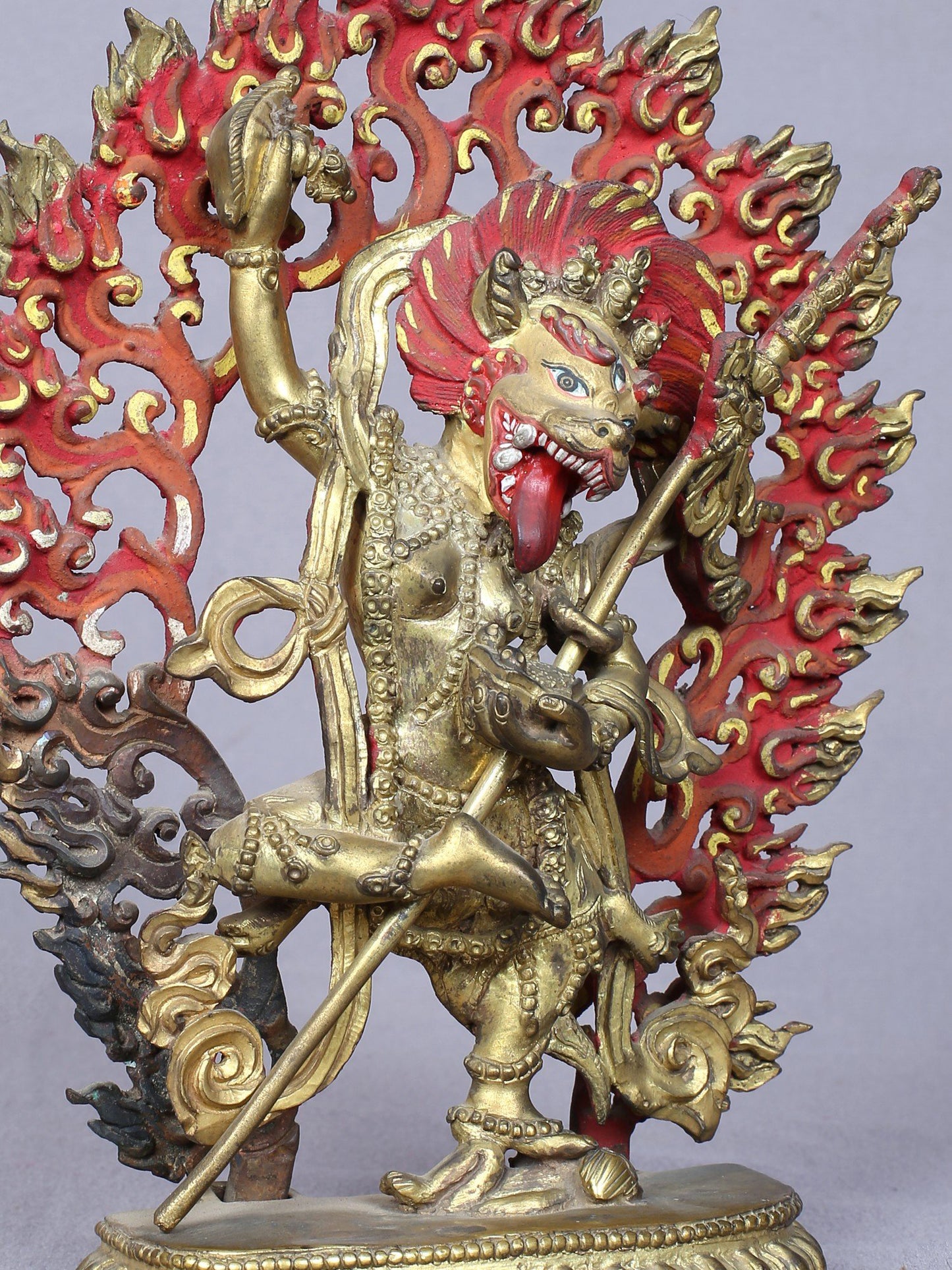 7" Buddhist Deity Simhamukha Yogini Idol From Nepal | Handmade Idol | Copper Statue Gilded With Gold