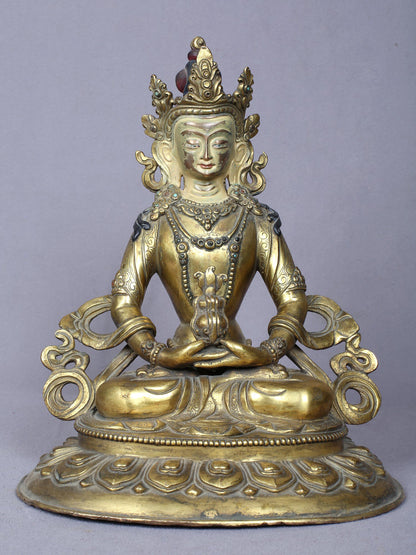 9" Aparmita (Amitayus) Buddha Idol From Nepal | Handmade Idol | Copper Statue Gilded With Gold