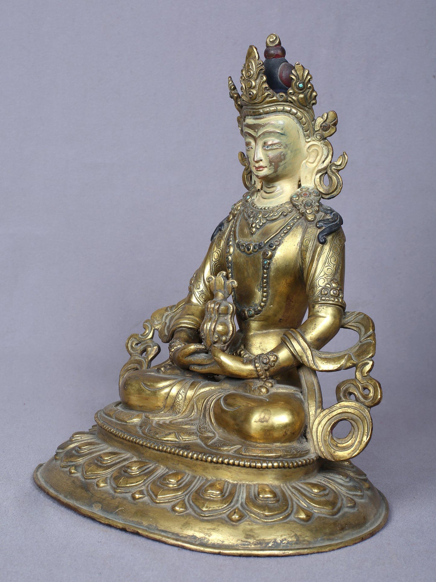 9" Aparmita (Amitayus) Buddha Idol From Nepal | Handmade Idol | Copper Statue Gilded With Gold