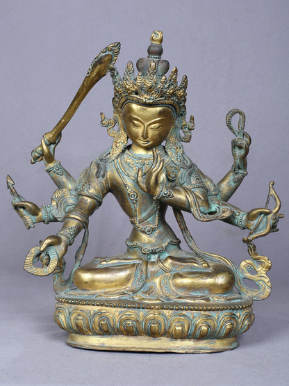 11" Maha Manjushri - Tibetan Buddhist Deity | Handmade Idol | Copper Statue Gilded With Gold