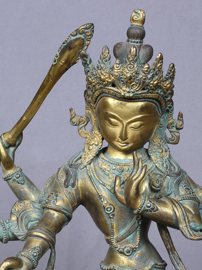 11" Maha Manjushri - Tibetan Buddhist Deity | Handmade Idol | Copper Statue Gilded With Gold