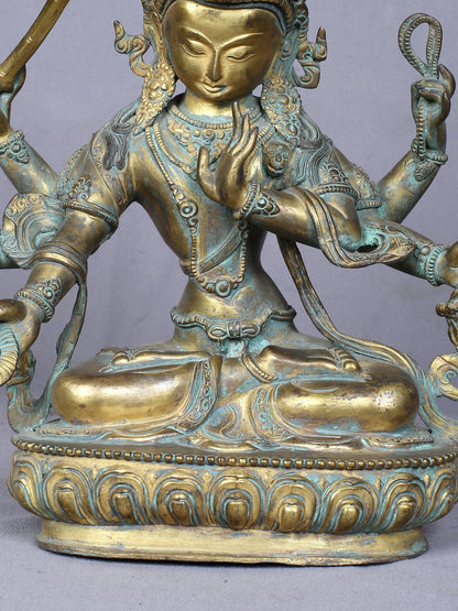 11" Maha Manjushri - Tibetan Buddhist Deity | Handmade Idol | Copper Statue Gilded With Gold