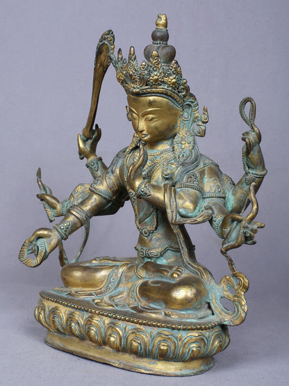 11" Maha Manjushri - Tibetan Buddhist Deity | Handmade Idol | Copper Statue Gilded With Gold