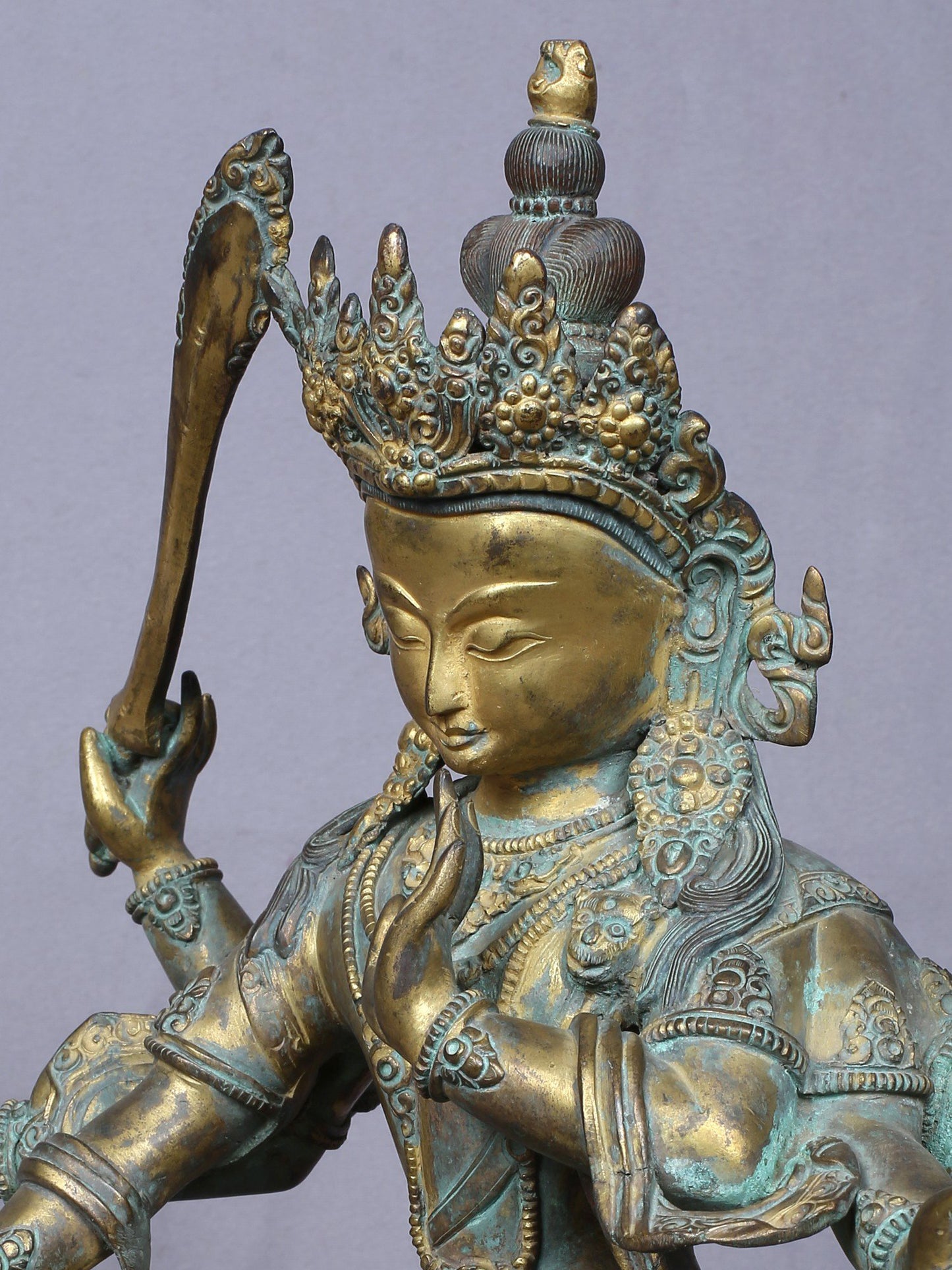 11" Maha Manjushri - Tibetan Buddhist Deity | Handmade Idol | Copper Statue Gilded With Gold