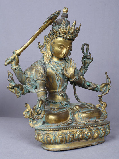 11" Maha Manjushri - Tibetan Buddhist Deity | Handmade Idol | Copper Statue Gilded With Gold