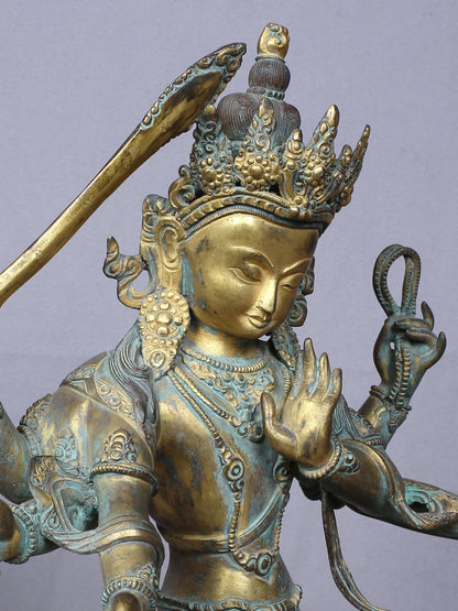 11" Maha Manjushri - Tibetan Buddhist Deity | Handmade Idol | Copper Statue Gilded With Gold