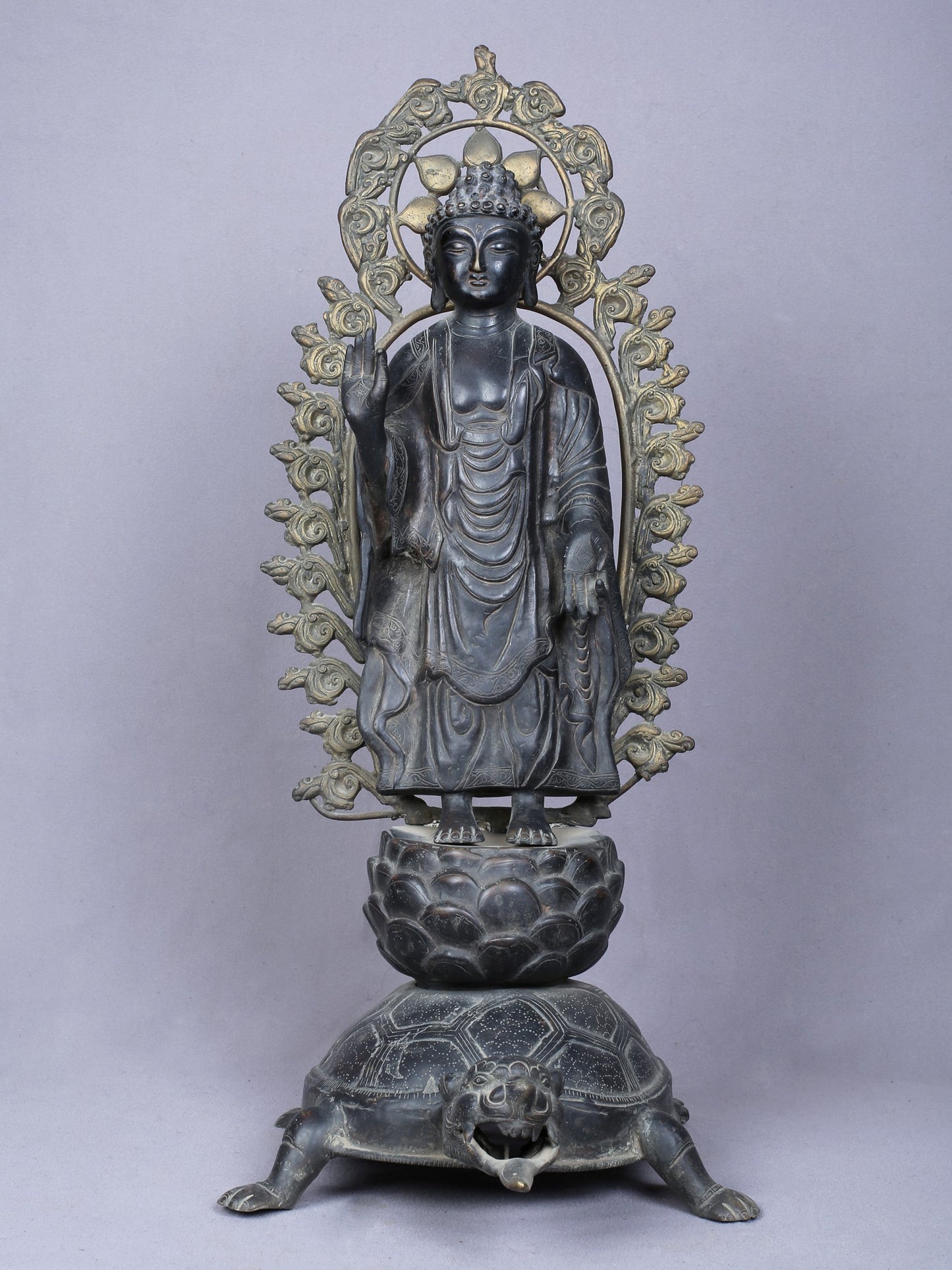 20" Buddha Standing On Tortoise | Copper Statue Gilded With Gold | Handmade Buddha Idol