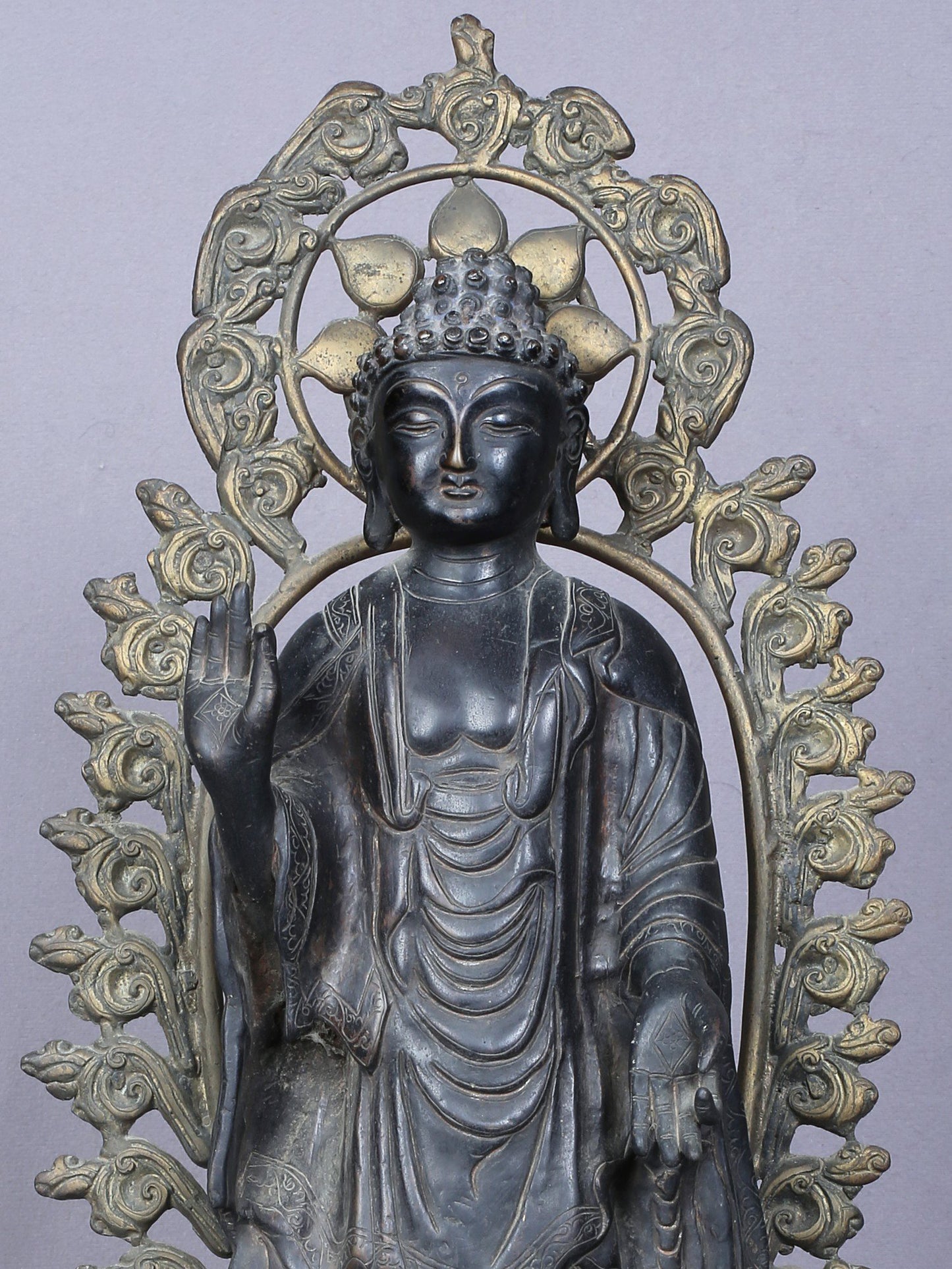 20" Buddha Standing On Tortoise | Copper Statue Gilded With Gold | Handmade Buddha Idol