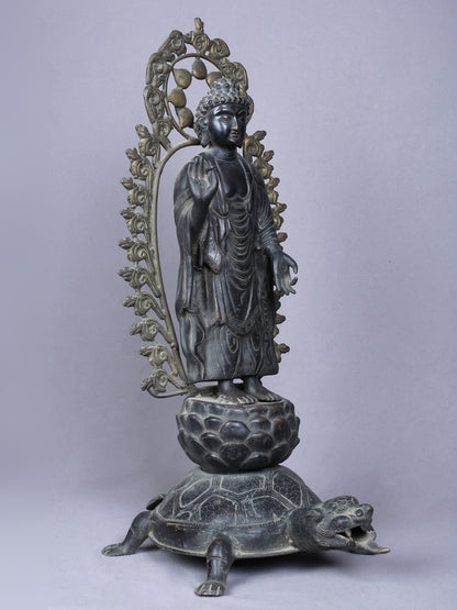 20" Buddha Standing On Tortoise | Copper Statue Gilded With Gold | Handmade Buddha Idol