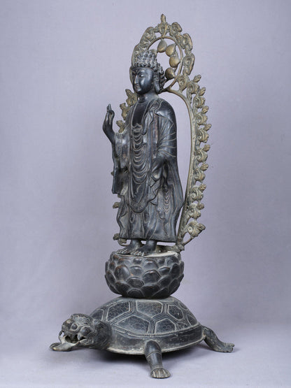 20" Buddha Standing On Tortoise | Copper Statue Gilded With Gold | Handmade Buddha Idol