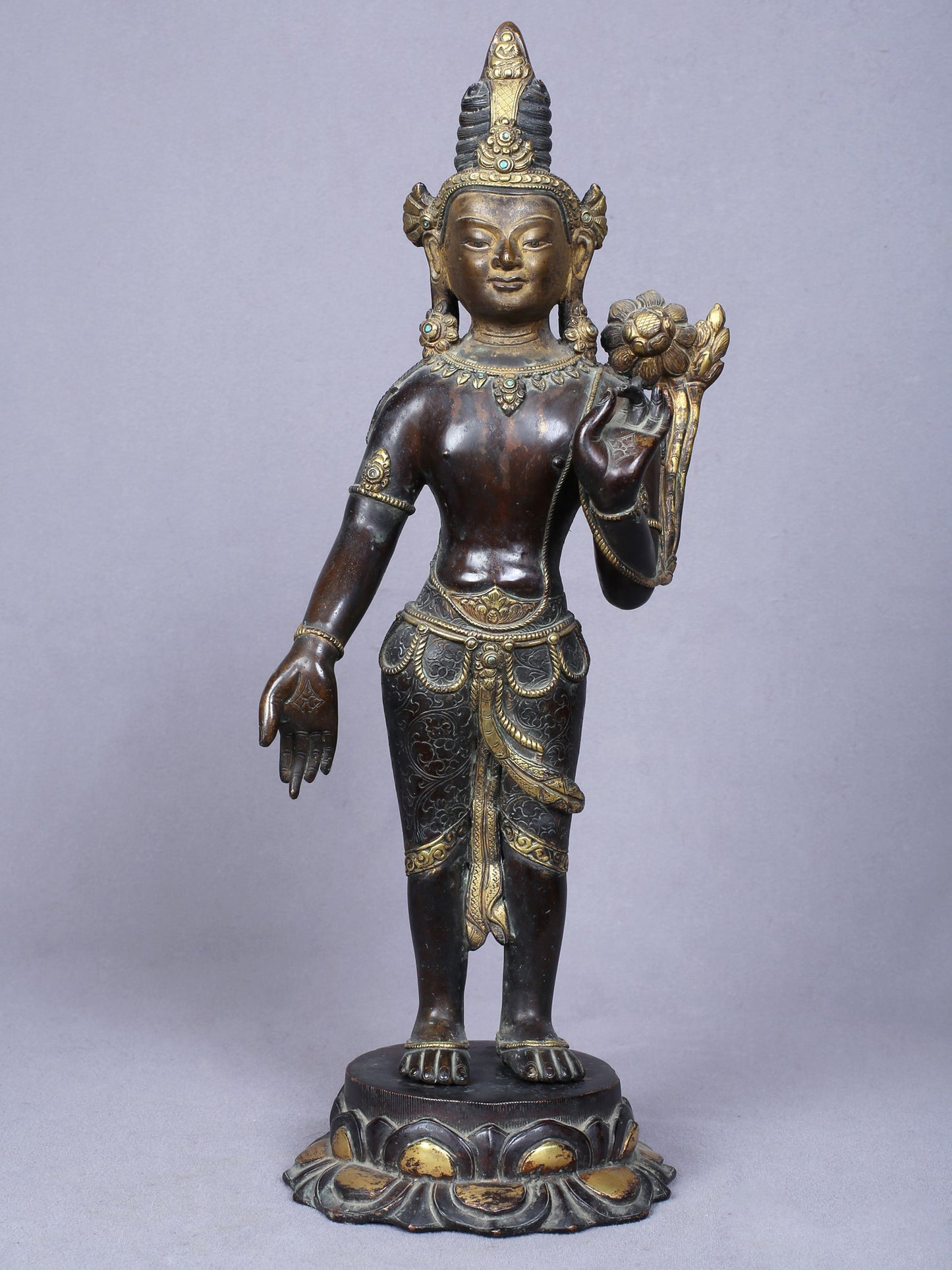 13" Buddhist Deity Padmapani Avalokiteshvara | Handmade Idol | Copper Statue Gilded With Gold From Nepal