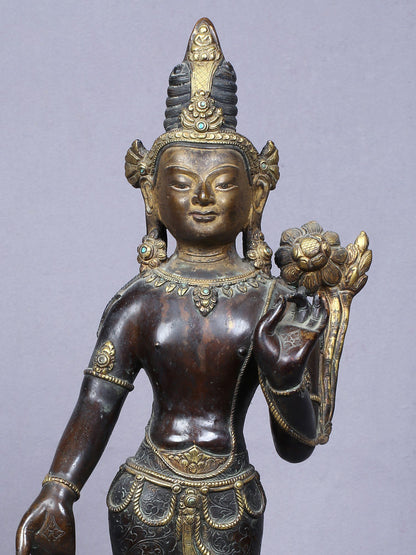 13" Buddhist Deity Padmapani Avalokiteshvara | Handmade Idol | Copper Statue Gilded With Gold From Nepal