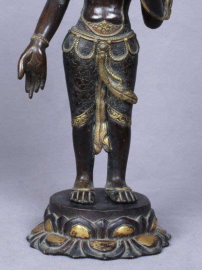 13" Buddhist Deity Padmapani Avalokiteshvara | Handmade Idol | Copper Statue Gilded With Gold From Nepal