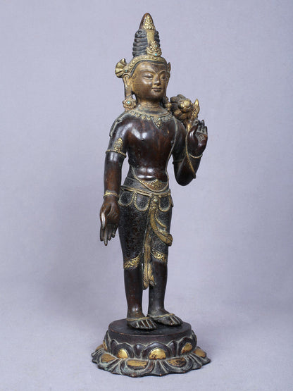 13" Buddhist Deity Padmapani Avalokiteshvara | Handmade Idol | Copper Statue Gilded With Gold From Nepal