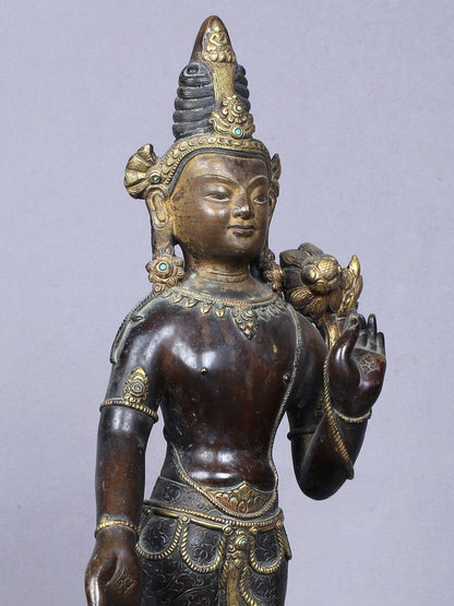 13" Buddhist Deity Padmapani Avalokiteshvara | Handmade Idol | Copper Statue Gilded With Gold From Nepal